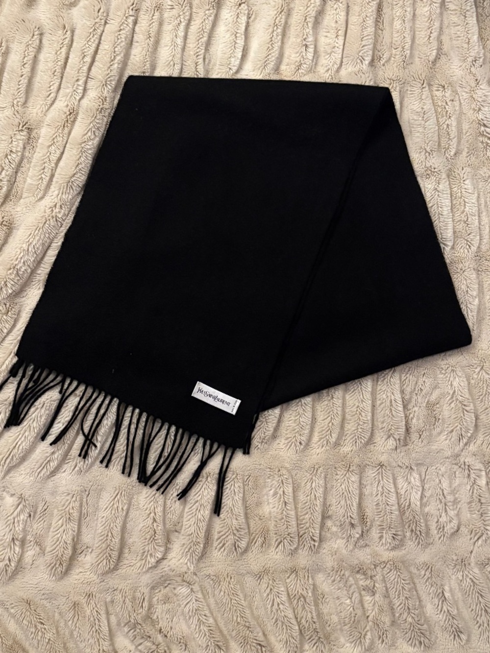 Vintage Yves Saint Laurent Black Fringe Scarf - Authentic YSL Wool and cashmere